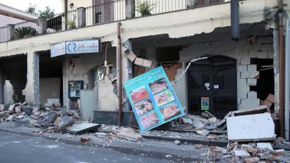 Shops are seen damaged by an earthquake, measuring magnitude 4.8, at the area north of Catania on the slopes of Mount Etna in Sicily, Italy, December 26, 2018. REUTERS/Antonio Parrinello - RC1EDF0B7970