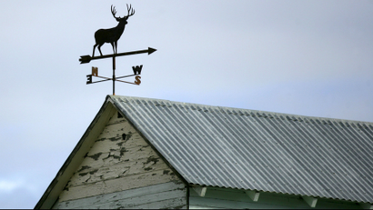 An elk weather vane is shown on top of a shed belonging to wheat farmer Bud Hamilton near Prosser, Washington.