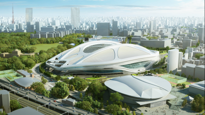 This artist's rendering released by Japan Sport Council in July 2015 shows the image of the Olympic stadium planned for the 2020 Tokyo Games, being used for the 2019 World Cup rugby match. The Olympic stadium plans will be redone because of spiraling costs, Japan Prime Minister Shinzo Abe said on Friday, July 17, 2015 in a major reversal. As a result, the stadium won’t be completed in time for the 2019 Rugby World Cup, as scheduled, he added. (Japan Sport Council via AP)
