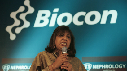Kiran Chairman and Managing Director of Biocon Ltd speaks during a news conference in Bangalore