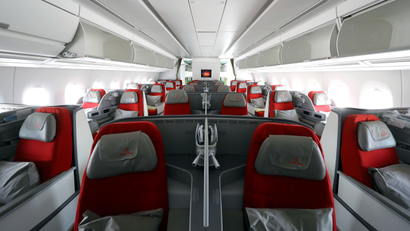 The business class cabin of an Airbus A350-900 of Ethiopian Airlines