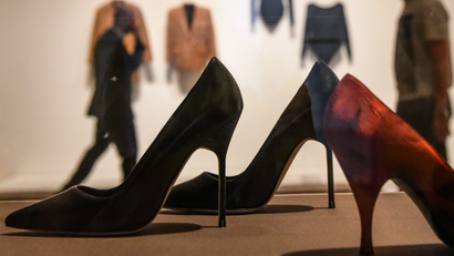 High heeled shoes are seen on display at the Museum of Modern Art