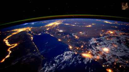 The Nile is seen at night during a flyover of the International Space Station.