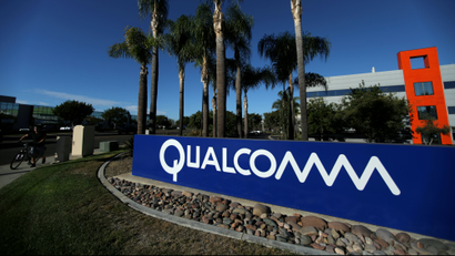 A sign on the Qualcomm campus is seen in San Diego, California