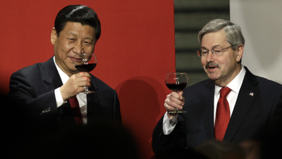 Chinese Vice President Xi Jinping and Iowa Gov. Terry Branstad, right, raise their glasses during a toast at a formal dinner in the rotunda at the Iowa Statehouse, Wednesday, Feb. 15, 2012, in Des Moines, Iowa.