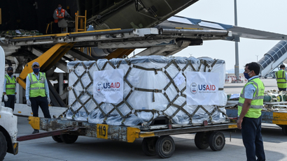 An image of a COVID-19 relief shipment from U.S. arriving in India