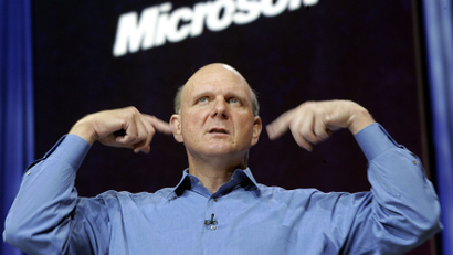 Microsoft Corp. CEO Steve Ballmer delivers his keynote speech during the Microsoft Worldwide Partner Conference in Boston, Tuesday, July 11, 2006. (AP Photo/Chitose Suzuki)