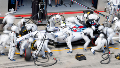 Williams Formula One driver Valtteri Bottas of Finland makes a pit stop.