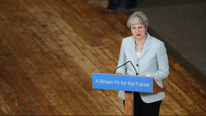 Britain's Prime Minister Theresa May delivers a speec