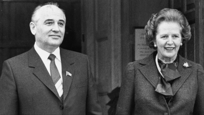 Former British Prime Minister Margaret Thatcher and Soviet leader-to-be Mikhail Gorbachev in 1984
