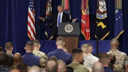 U.S. President Donald Trump gestures as he departs after announcing his strategy for the war in Afghanistan during an address to the nation from Fort Myer, Virginia, U.S., August 21, 2017.