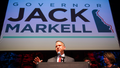 Delaware Gov. Jack Markell addresses supporters as he celebrates his re-election at the Delaware Democratic Party Election Night at the Queen theater in Wilmington, Del., Tuesday, Nov. 6, 2012.