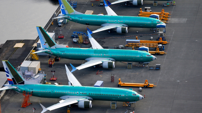 An aerial photo shows Boeing 737 MAX airplanes parked at the Boeing Factory in Renton