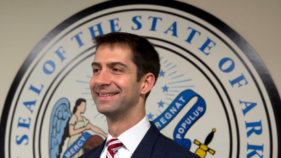 Sen. Tom Cotton, R-Ark. poses for photographers in his office on Capitol Hill in Washington, Wednesday, March 11, 2015. The rookie Republican senator leading the effort to torpedo an agreement with Iran is an Army veteran with a Harvard law degree who has a full record of tough rhetoric against President Barack Obama's foreign policy.