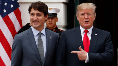 U.S. President Donald Trump welcomes Canadian Prime Minister Justin Trudeau at the White House in Washington, U.S., October 11 2017.