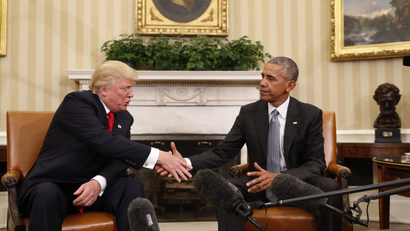 President Barack Obama shakes hands with President-elect Donald Trump in the Oval Office of the White House in Washington, Thursday, Nov. 10, 2016. (AP Photo/Pablo Martinez Monsivais)
