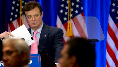 In this June 22, 2016 photo Paul Manafort appears on stage ahead of Republican presidential candidate Donald Trump, Wednesday, June 22, 2016, in New York.