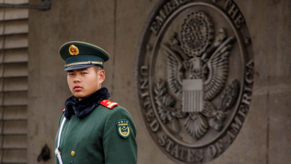 guards the entrance to the U.S. embassy in Beijing
