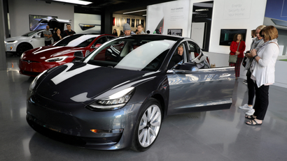 A Tesla Model 3 is seen in a showroom in Los Angeles, California U.S. January 12, 2018.