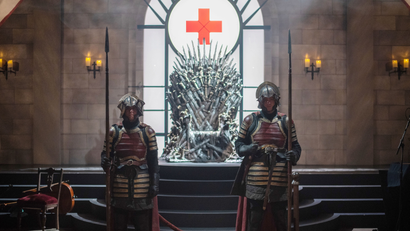 Actors portraying knights guard the Iron Throne at an interactive Game Of Thrones installation called Bleed For The Throne at the South by Southwest (SXSW) conference and festivals in Austin, Texas