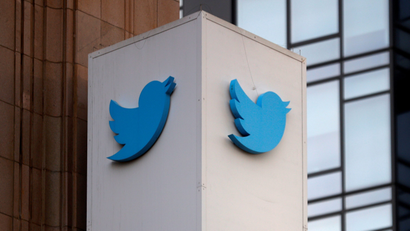 A Twitter logo is seen outside the company headquarters in San Francisco