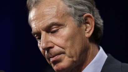 Former British Prime Minister Tony Blair pauses in his remarks about the late former British Prime Minister Margaret Thatcher at Lafayette College.