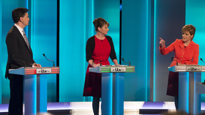 Labour leader Ed Miliband, Plaid Cymru leader Leanne Wood and Scottish National Party's Leader Nicola Sturgeon