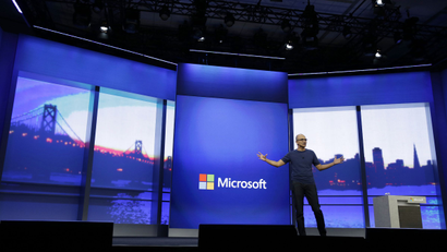 Microsoft CEO Satya Nadella gestures during the keynote address of the Build Conference Wednesday, April 2, 2014, in San Francisco.