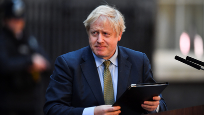 Britain's Prime Minister Boris Johnson delivers a statement at Downing Street after winning the general election, in London, Britain, December 13, 2019.
