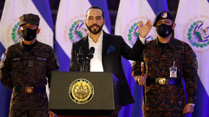 El Salvador's President Nayib Bukele speaks during a deployment ceremony of Salvadoran army soldiers
