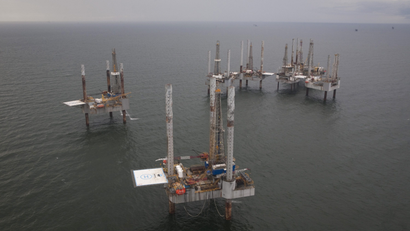 Unused oil rigs sit in the Gulf of Mexico near Port Fourchon, Louisiana.