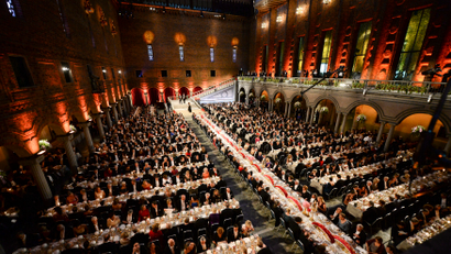 A general view shows the Nobel banquet at Stockholm Town Hall