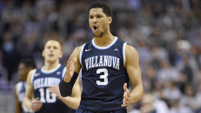 Villanova guard Josh Hart (3) reacts after he hit a 3-pointer during the second half of an NCAA college basketball game against the Georgetown, Saturday, March 4, 2017, in Washington. Villanova won 81-55. (AP Photo/Nick Wass)