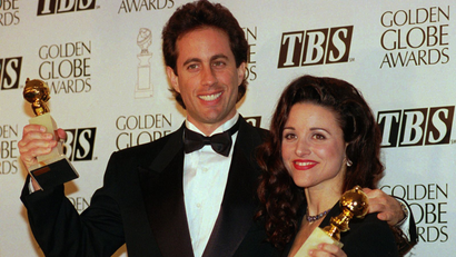 This is a January 1994 photo of Jerry Seinfeld with co-star Julia Louis-Dreyfus at the Golden Globe Awards in Los Angles.(AP Photo/Mark J. Terrill)