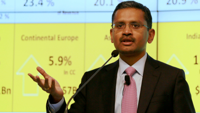 Tata Consultancy Services (TCS) Chief Executive Officer Rajesh Gopinathan speaks during a news conference announcing the company's quarterly results in Mumbai