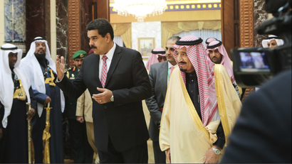 Venezuela's President Nicolas Maduro is welcomed by Saudi Arabia's Crown Prince Salman in Riyadh January 11, 2015.