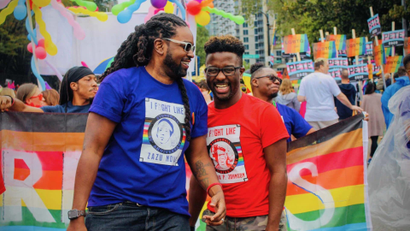 Larry Scott-Walker and Daniel Driffin, two of Thrive SS’ co-founders, at this year’s gay pride parade in Atlanta.