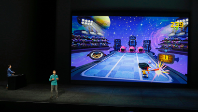 John Carter of Harmonix discusses his company's game Beat Sports for Apple TV during an Apple media event in San Francisco, California