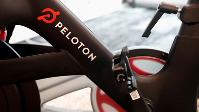 A closeup of a Peloton exercise bike