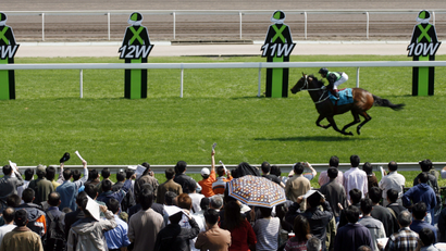 Punters wave to a horse at Shatin race track in Hong Kong