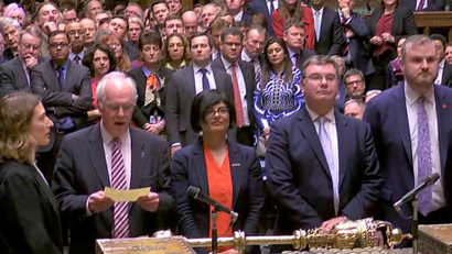 Tellers announce the results of the vote on British Prime Minister Theresa May's Brexit deal in Parliament in London, Britain, March 12, 2019, in this screen grab taken from video.