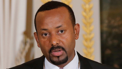 FILE PHOTO: Ethiopian Prime Minister Abiy Ahmed speaks during a media conference at the Elysee Palace in Paris, France, October 29, 2018.