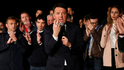 Italy's former Prime Minister Matteo Renzi speaks to a crowd
