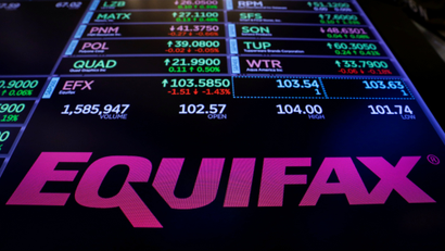 The logo and trading information for Credit reporting company Equifax Inc. are displayed on a screen on the floor of the New York Stock Exchange (NYSE) in New York, U.S., September 26, 2017.