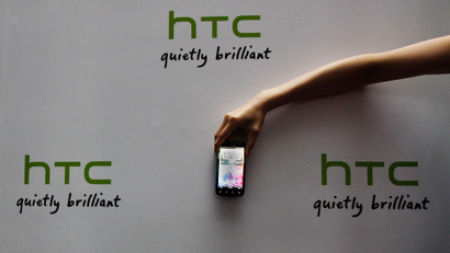 A new HTC Android-based smartphone Sensation is displayed during a news conference for the launch of the product in Taipei