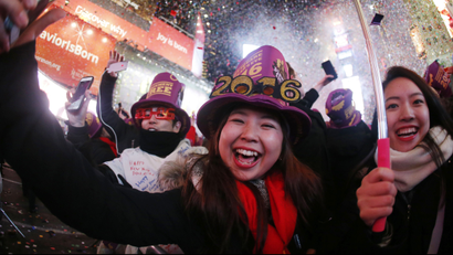 Revelers ring in the new year at Times Square, 2016, in New York.