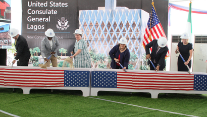 US diplomats in Nigeria holding shovels at the groundbreaking ceremony for a new Consulate General in Eko Atlantic in Lagos, Nigeria.