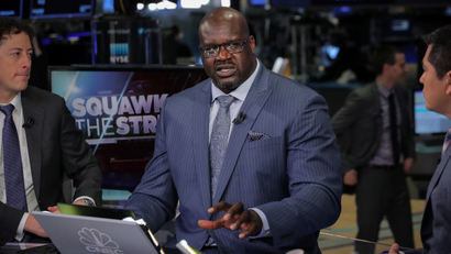 Former basketball star Shaquille O'Neal, speaks during an interview on CNBC about joining the board of Papa John's International Inc., on the floor of the New York Stock Exchange