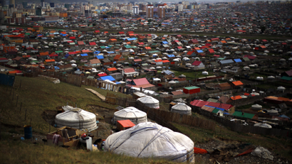 Gers, traditional Mongolian tents, are seen on a hill in an area known as a ger district in Ulan Bator