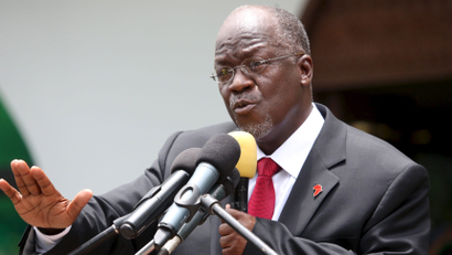 Tanzania's President elect John Pombe Magufuli addresses members of the ruling Chama Cha Mapinduzi Party (CCM) at the party's sub-head office on Lumumba road in Dar es Salaam, October 30, 2015. Tanzania's ruling party candidate, John Magufuli, was declared winner on Thursday of a presidential election, after the national electoral body dismissed opposition complaints about the process and a demand for a recount. The election has been the most hotly contested race in the more than half a century of rule by the Chama Cha Mapinduzi Party, which fielded Magufuli, 56, a minister for public works.